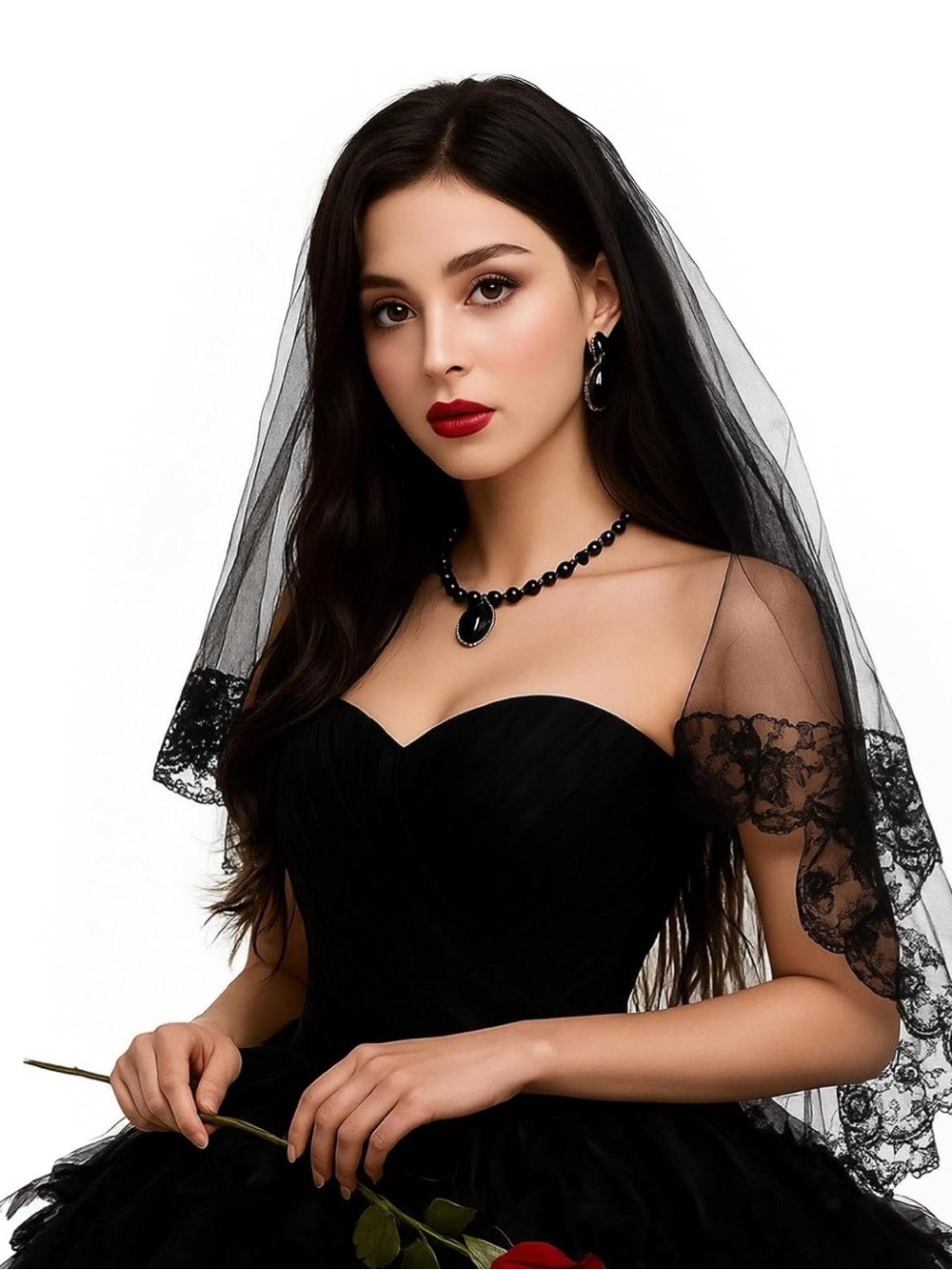 Black Lace Veil with Embroidered Floral Edge, 60-80cm 2 Tiers Gothic Wedding Vei